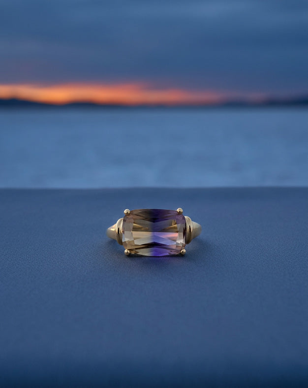 Sideways Cushion Cut Ametrine Ring with Ridged Sides in 14k Yellow Gold