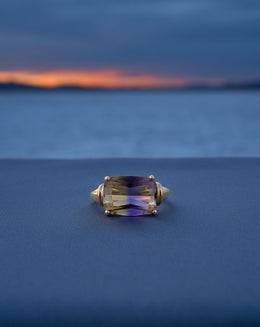 Sideways Cushion Cut Ametrine Ring with Ridged Sides in 14k Yellow Gold