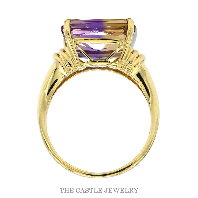 Front-facing view of the sideways set cushion cut ametrine ring in 14k yellow gold