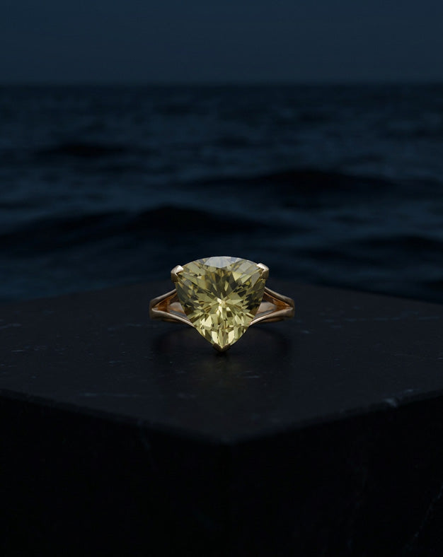 Large Trillion Cut Citrine Ring with Open Sides in 14k Yellow Gold