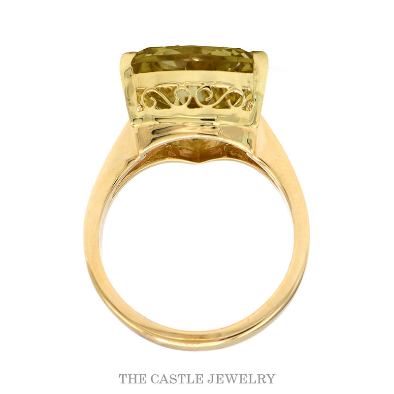 Front-facing view of the large trillion cut citrine ring with open sides in 14k yellow gold