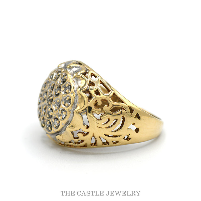 Side profile of the Kentucky cluster ring showing the domed mounting and pierced filigree shoulder