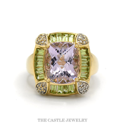 14k yellow gold amethyst ring with baguette peridot halo and pave diamond corners — top view