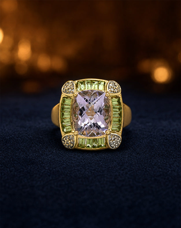 14k Yellow Gold Amethyst Ring with a Baguette Peridot Halo and Pave Diamond Corners