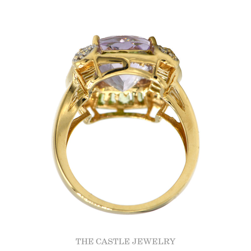 Front-facing view of the amethyst and baguette peridot ring in 14k yellow gold