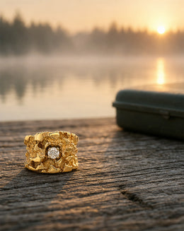 Men's .25ct Diamond Solitaire Wide Nugget Ring in 14k Yellow Gold