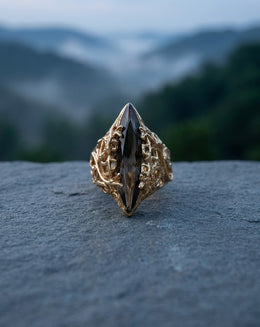 Large Marquise Smoky Quartz Ring in an Open Freeform Mounting in 10k Yellow Gold