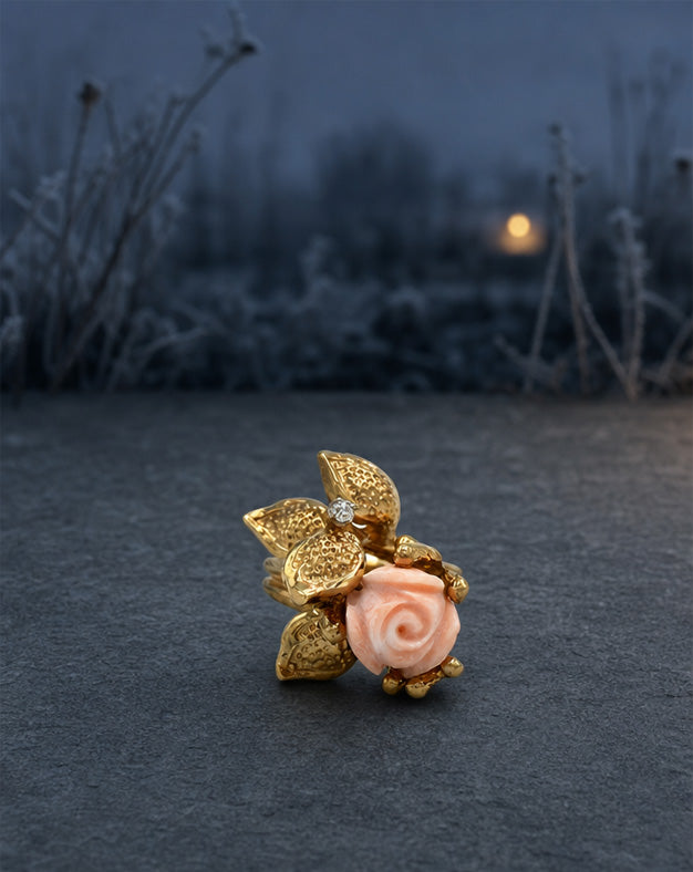 Carved Coral Rose Ring with Textured Leaf Design and Diamond Accent in 14k Yellow Gold