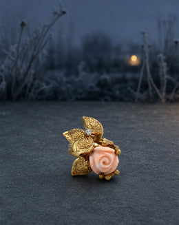 Carved Coral Rose Ring with Textured Leaf Design and Diamond Accent in 14k Yellow Gold