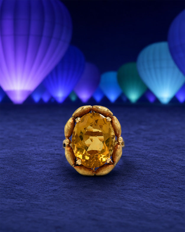 Large Oval Citrine Ring with Scalloped Brushed Gold Frame and Split Shank in 10k Yellow Gold