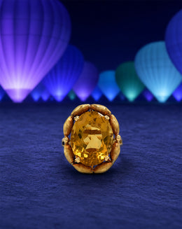Large Oval Citrine Ring with Scalloped Brushed Gold Frame and Split Shank in 10k Yellow Gold