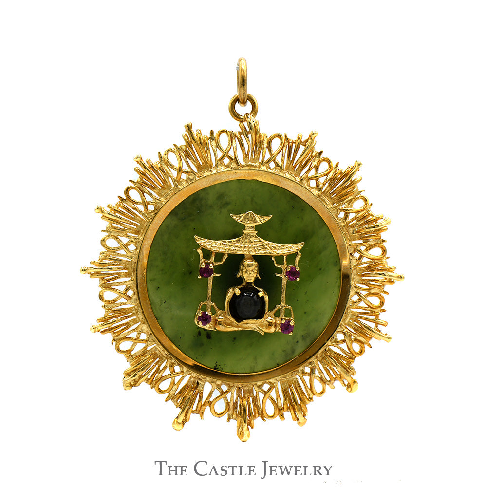Buddhist Temple Pendant on Green Jade with Ruby & Quartz Accents in 14k Yellow Gold