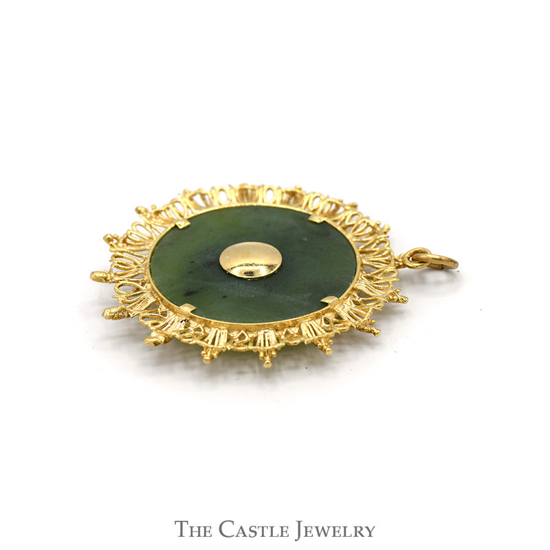 Buddhist Temple Pendant on Green Jade with Ruby & Quartz Accents in 14k Yellow Gold