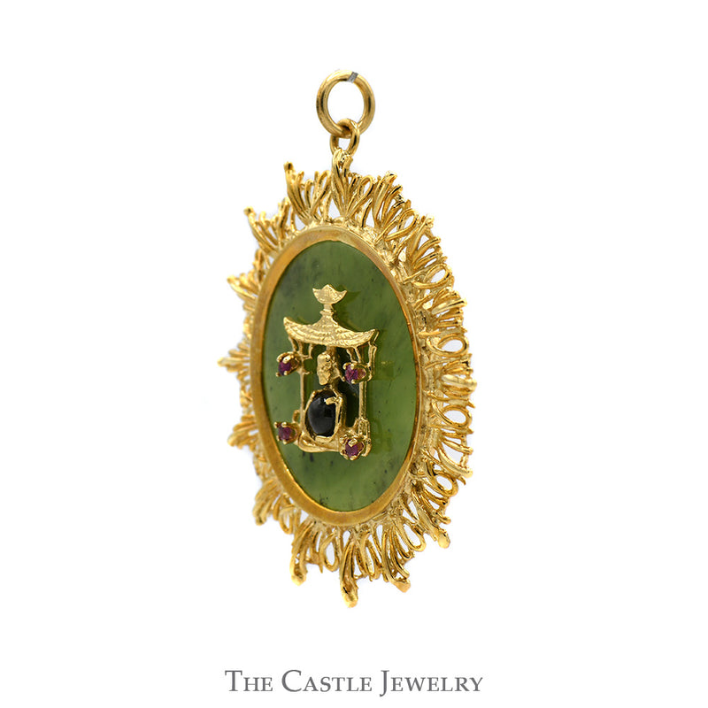 Buddhist Temple Pendant on Green Jade with Ruby & Quartz Accents in 14k Yellow Gold