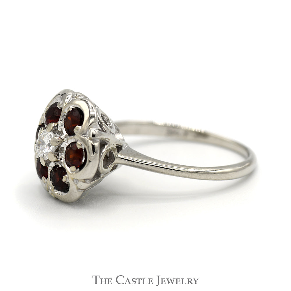 Round Shaped Garnet Cluster Ring with Round Diamond Center in 14k White Gold