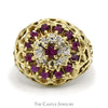 Ruby and Diamond Kentucky Cluster Ring with Filigree Sides in 10k Yellow Gold - Thumbnail 1