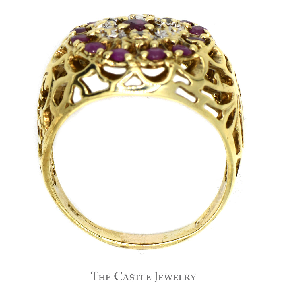 Ruby and Diamond Kentucky Cluster Ring with Filigree Sides in 10k Yellow Gold