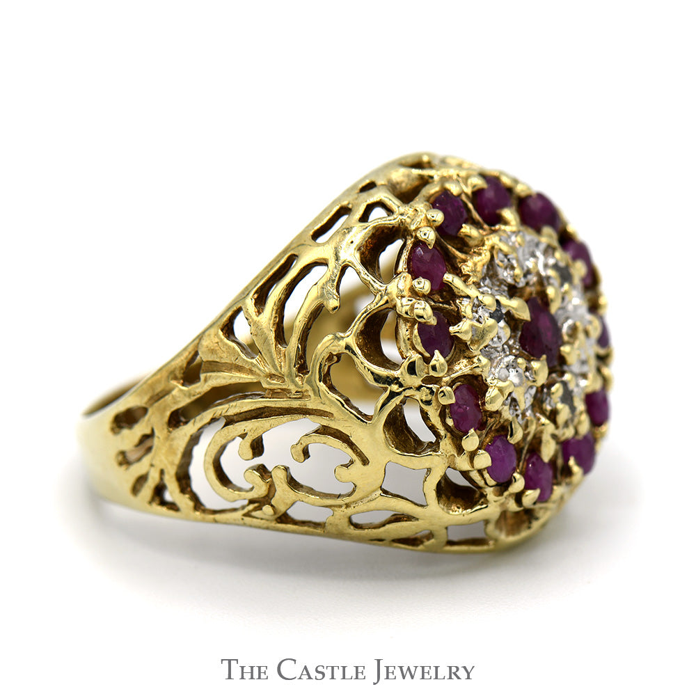 Ruby and Diamond Kentucky Cluster Ring with Filigree Sides in 10k Yellow Gold