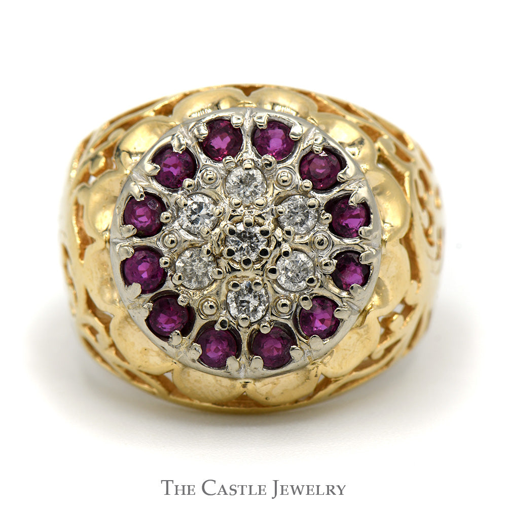 Ruby and Diamond Kentucky Cluster Ring with Open Filigree Sides in 10k Yellow Gold