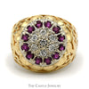 Ruby and Diamond Kentucky Cluster Ring with Open Filigree Sides in 10k Yellow Gold - Thumbnail 1