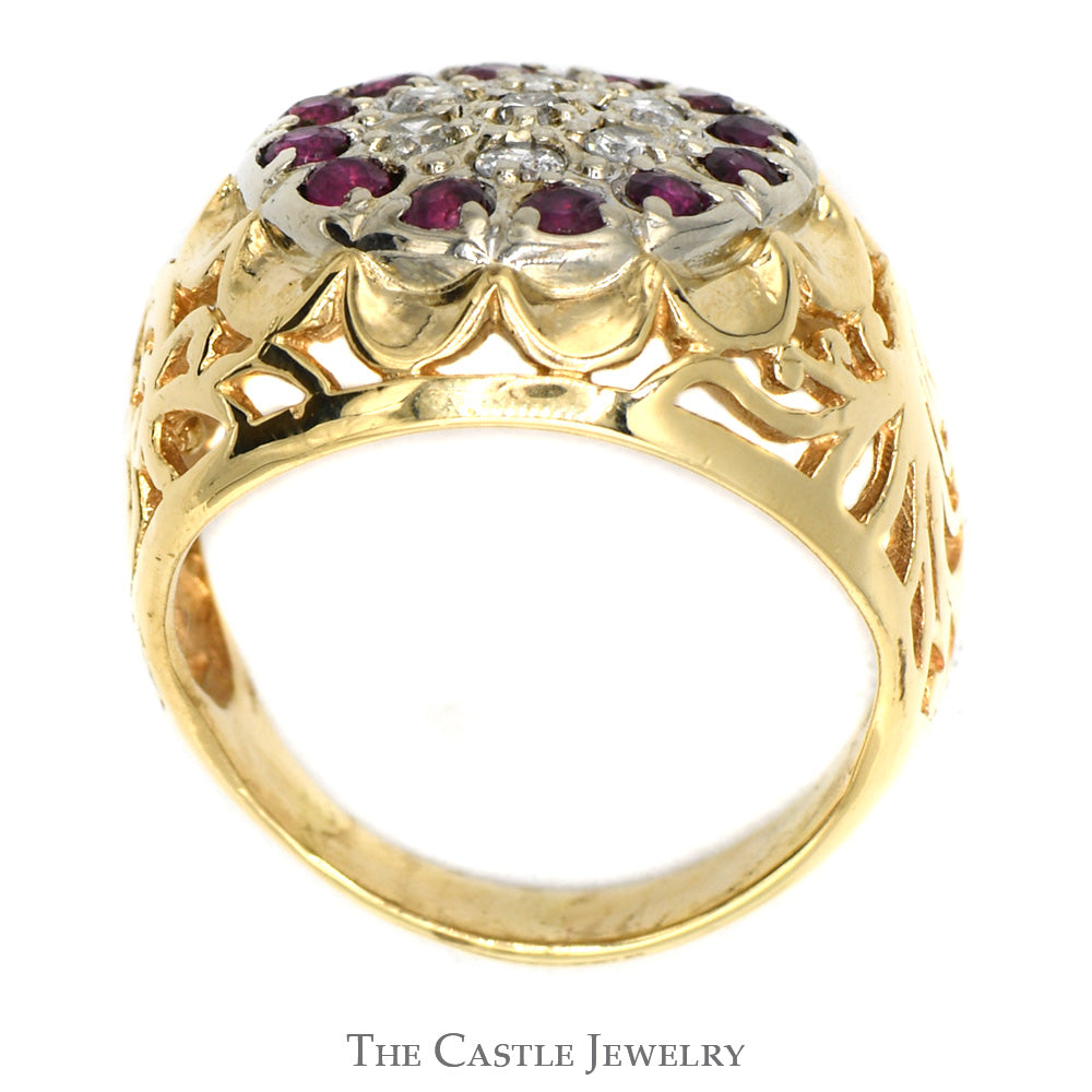 Ruby and Diamond Kentucky Cluster Ring with Open Filigree Sides in 10k Yellow Gold