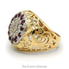 Ruby and Diamond Kentucky Cluster Ring with Open Filigree Sides in 10k Yellow Gold - Thumbnail 3