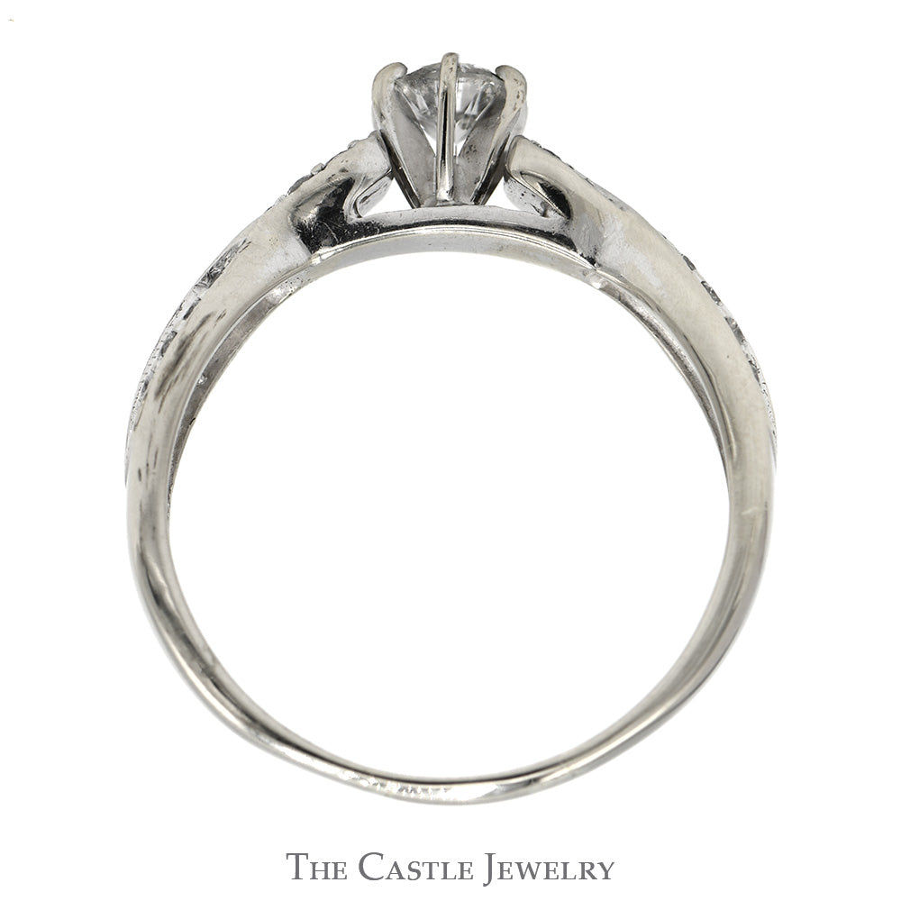 Round Diamond Solitaire Bridal Set with Twisted Diamond Accented Sides & Band in 14k White Gold