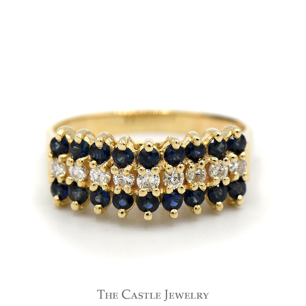 Sapphire and Diamond Cluster Band in 14k Yellow Gold Cathedral Mount