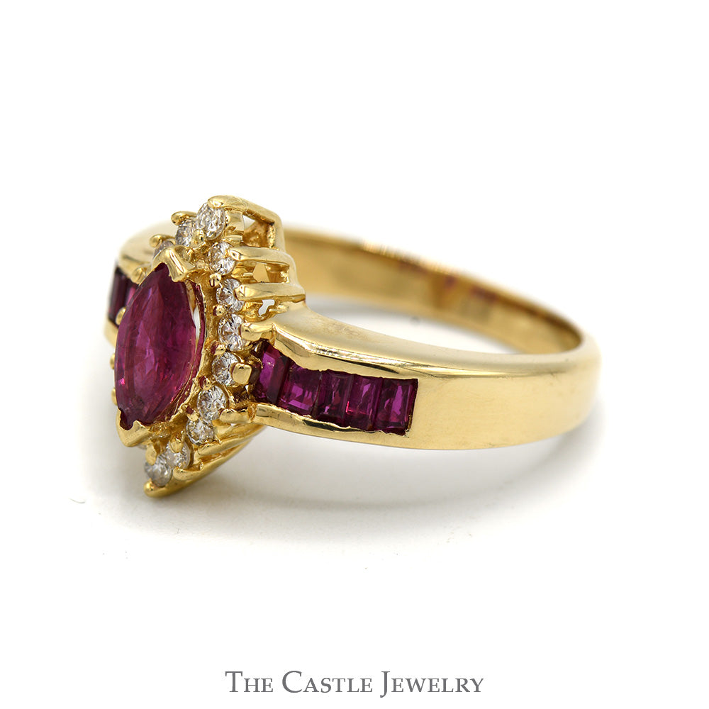 Marquise Ruby Ring with Diamond Halo and Channel Set Ruby Baguettes