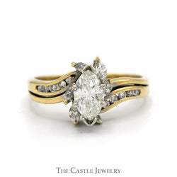 3/4cttw Marquise Cut Diamond Bridal Set with Diamond Halo and Accented Sides in 14k Yellow Gold