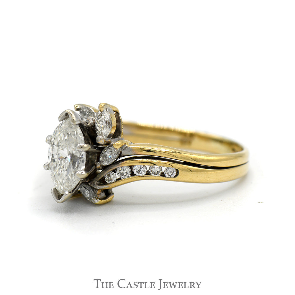 3/4cttw Marquise Cut Diamond Bridal Set with Diamond Halo and Accented Sides in 14k Yellow Gold