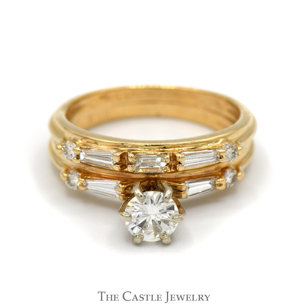 1cttw Diamond Solitaire Bridal Set with Baguette Accents and Matching Band in 14k Yellow Gold