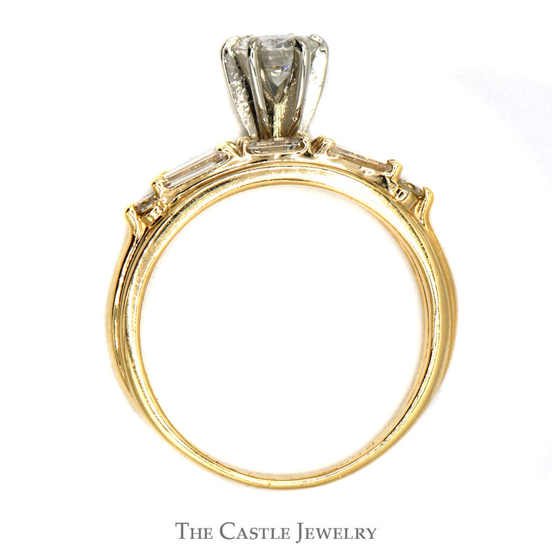 1cttw Diamond Solitaire Bridal Set with Baguette Accents and Matching Band in 14k Yellow Gold