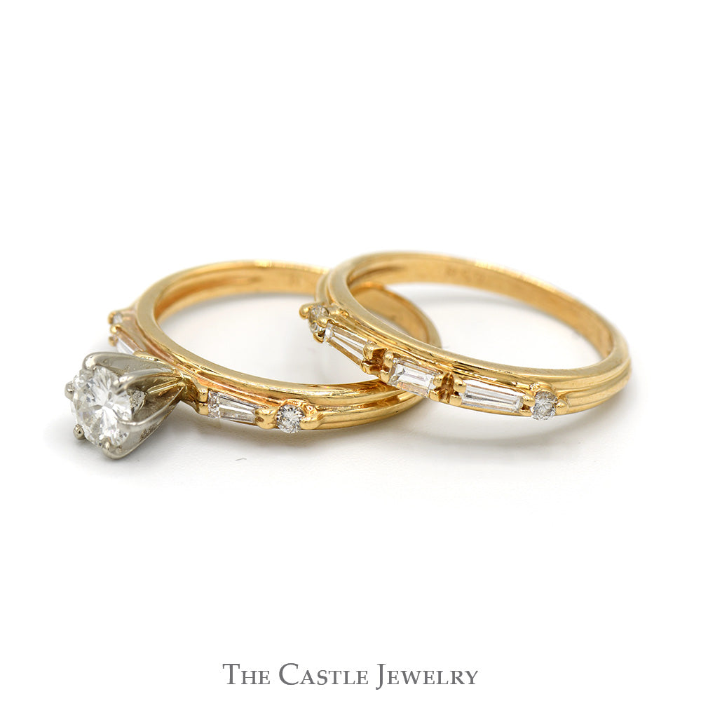1cttw Diamond Solitaire Bridal Set with Baguette Accents and Matching Band in 14k Yellow Gold