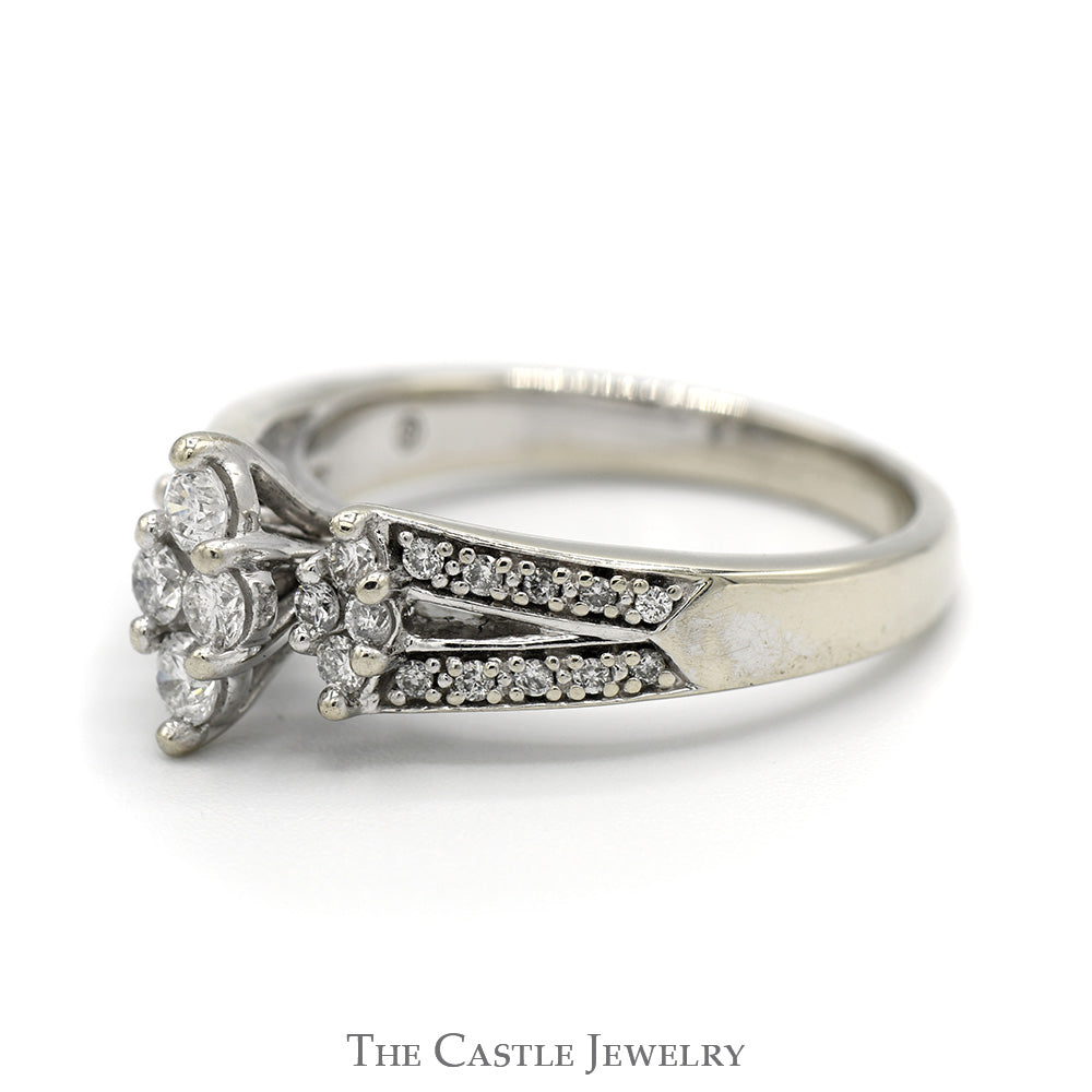 Marquise Shaped Triple Diamond Cluster Ring with Diamond Accented Split Shank Sides in 10k White Gold
