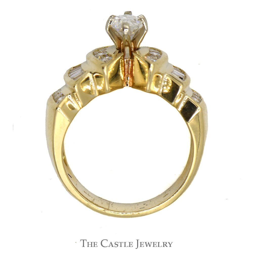 1.38cttw Marquise Cut Diamond Solitaire Ring with Channel Set Diamond Accents in 14k Yellow Gold