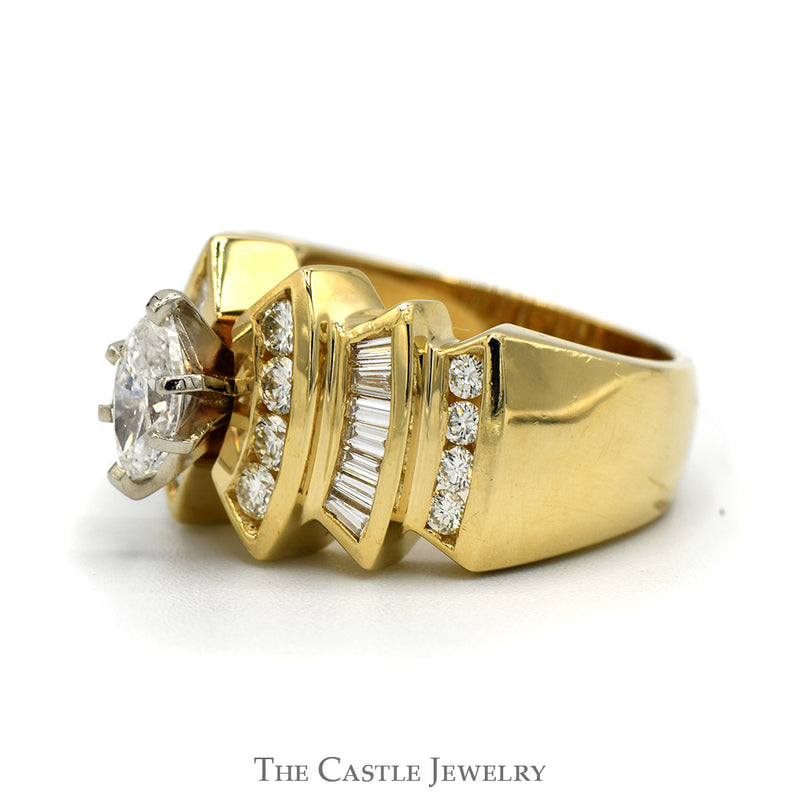 1.38cttw Marquise Cut Diamond Solitaire Ring with Channel Set Diamond Accents in 14k Yellow Gold