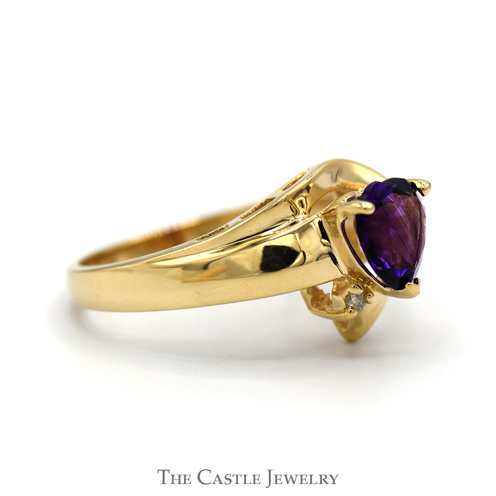 Heart Shaped Amethyst Ring with Round Diamond Accent in 14k Yellow Gold