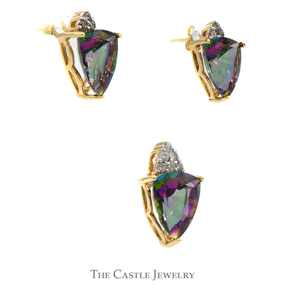 Trillion Cut Mystic Topaz with Diamond Accents Earrings and Pendant Set in 10k Yellow Gold