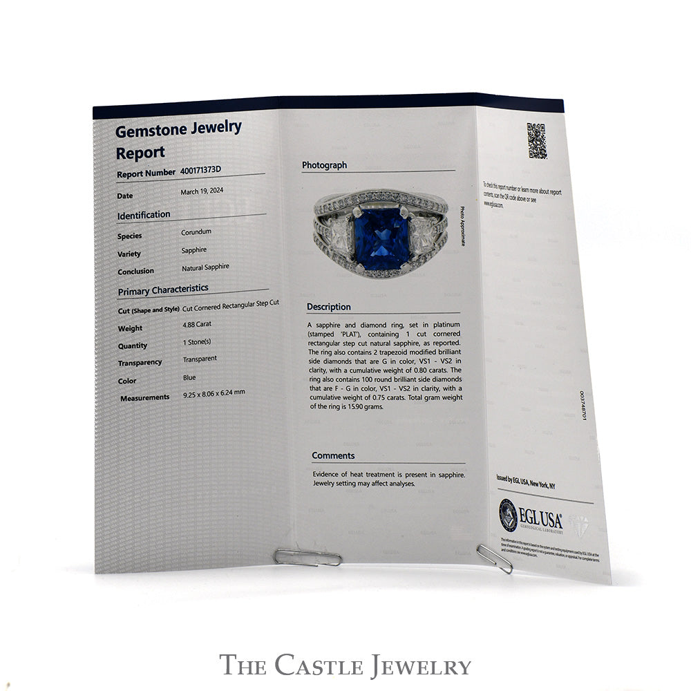 4.88ct Rectangle Sapphire Ring with 1.55cttw Diamond Accents in Platinum - Includes EGL Certificate