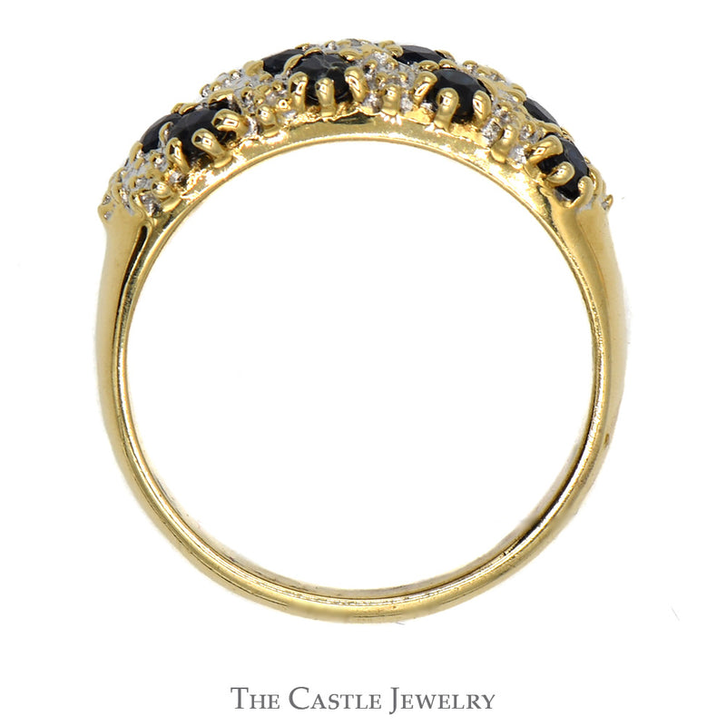 Diagonally Set Sapphire and Diamond Cluster Band Ring in 10k Yellow Gold