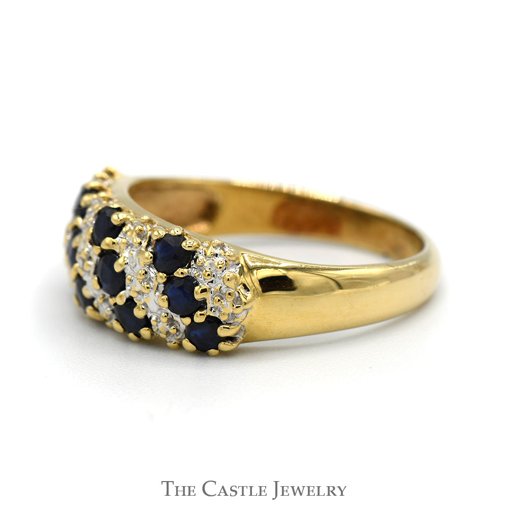 Diagonally Set Sapphire and Diamond Cluster Band Ring in 10k Yellow Gold