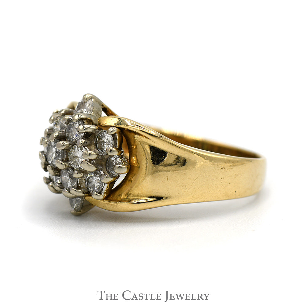 1cttw Diamond Star Cluster Ring with Polished Sides in 14k Yellow Gold