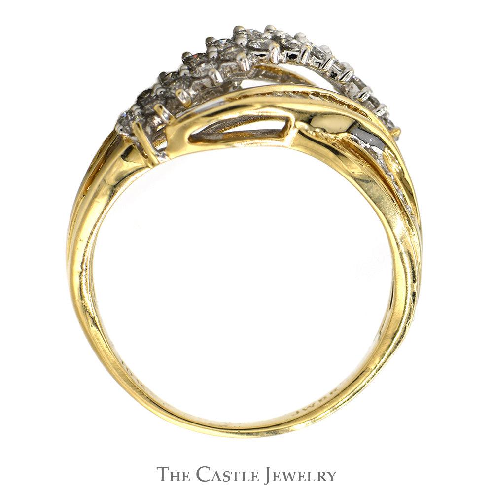 1cttw Multi Row Baguette & Round Diamond Cluster Ring with Interweaving Design in 10k Yellow Gold