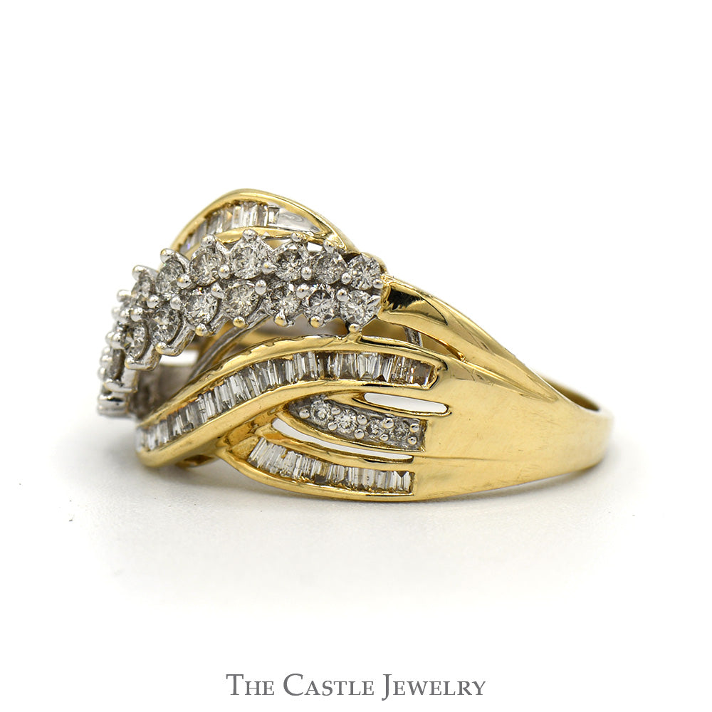 1cttw Multi Row Baguette & Round Diamond Cluster Ring with Interweaving Design in 10k Yellow Gold