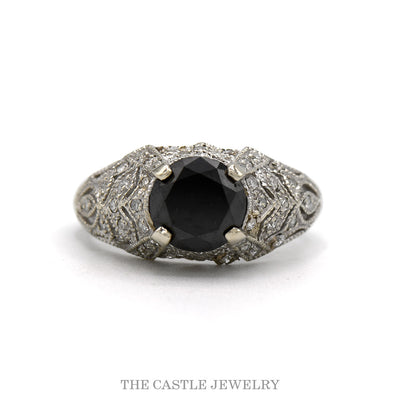 14k white gold black and white diamond antique filigree ring — top view