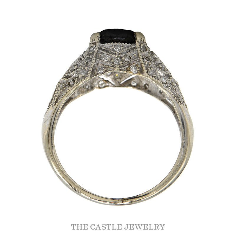 Front-facing view of the black and white diamond antique filigree ring in 14k white gold