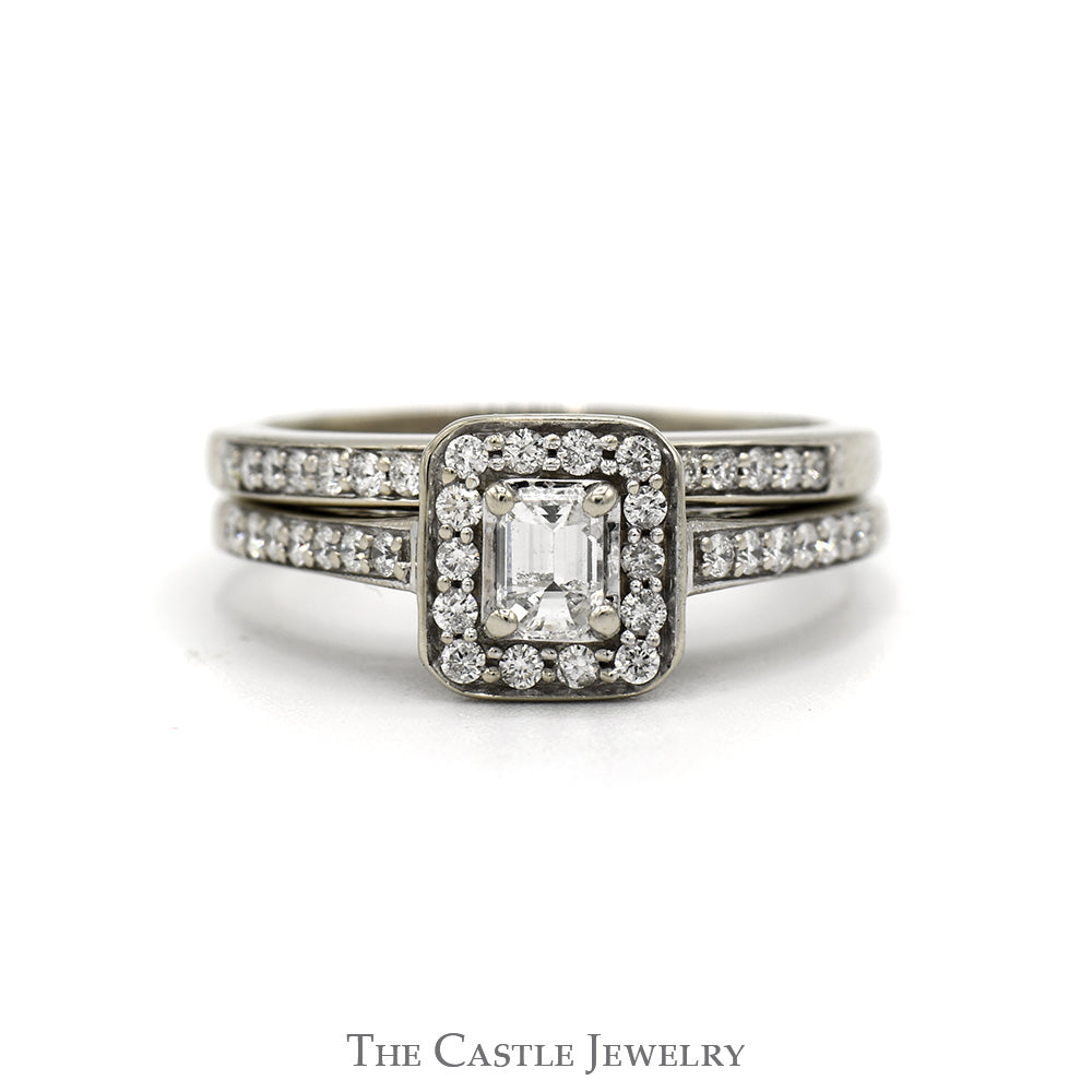 1.25cttw Emerald Cut Diamond Bridal Set with Diamond Halo and Accented Sides in 14k White Gold