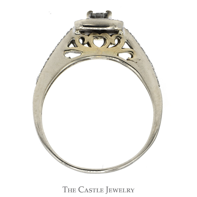 1.25cttw Emerald Cut Diamond Bridal Set with Diamond Halo and Accented Sides in 14k White Gold