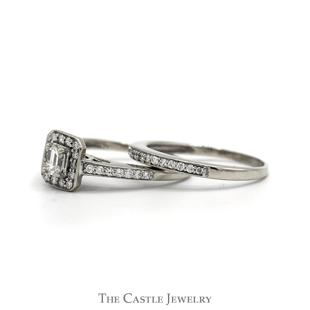 1.25cttw Emerald Cut Diamond Bridal Set with Diamond Halo and Accented Sides in 14k White Gold